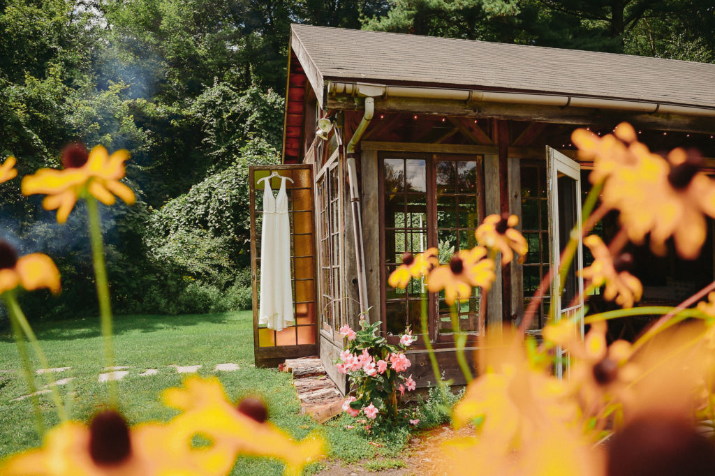 Gorgeous gardens and wedding dress at Foxfire Mountain House